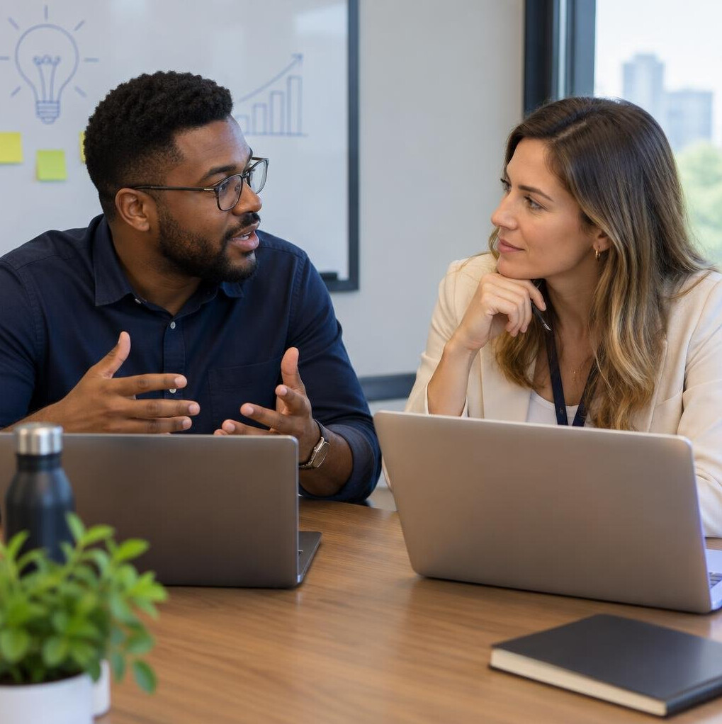 Colleagues in a meeting discussing ideas with laptops