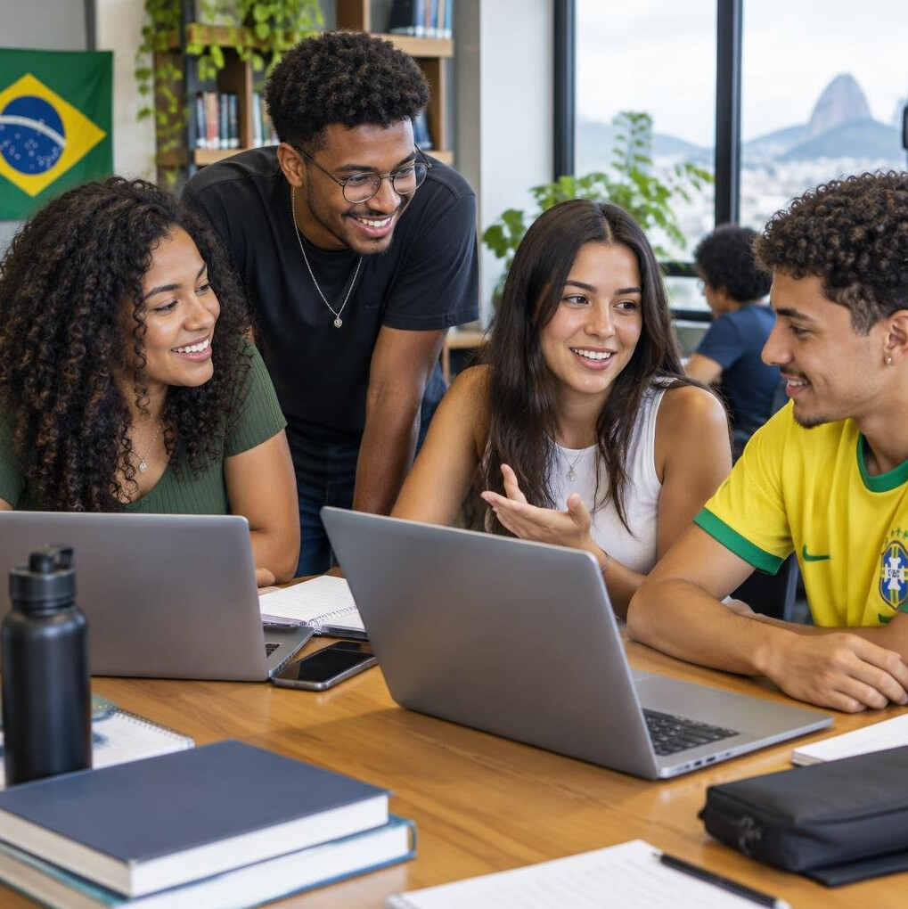 Group of young adults studying together around laptops