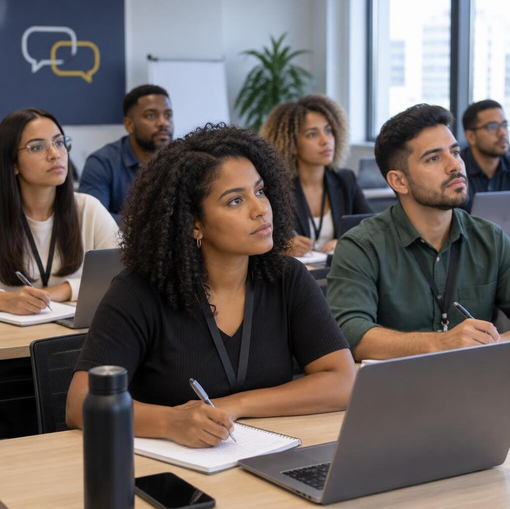 People in a training session taking notes with laptops